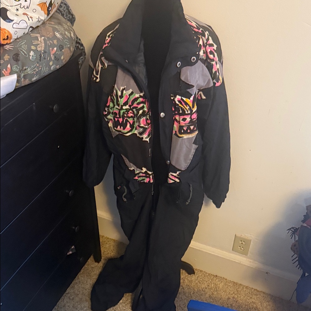 Vintage Quiksilver face tribe black ski suit with Pink and Green Accents